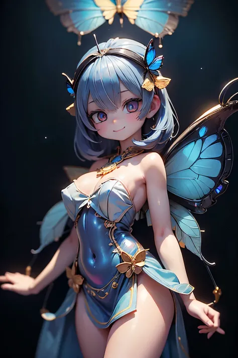 solo,1 Female,cute, cute,small ,Skin color is white,(Poses like a ballerina:1.5),(eyes that shine like jewels shining in cobalt blue:2.5),(Highlights that sparkle in the eyes, reflected light:2.5),(The cobalt blue semi-long:1.2),(smiling:1.2),(has large mo...