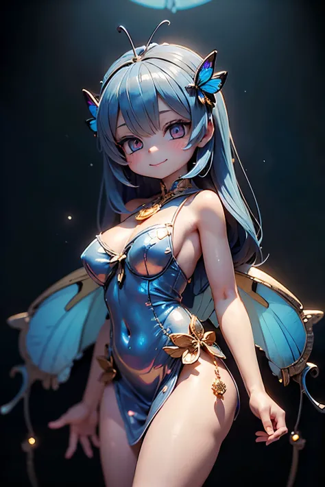solo,1 Female,cute, cute,small ,Skin color is white,(Poses like a ballerina:1.5),(eyes that shine like jewels shining in cobalt blue:2.5),(Highlights that sparkle in the eyes, reflected light:2.5),(The cobalt blue semi-long:1.2),(smiling:1.2),(has large mo...
