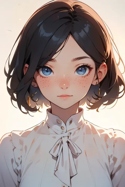masterpiece, best quality, ultra-detailed, illustration, portrait of a beautiful anime girl, short black hair, soft fluffy hair, gentle eyes, calm smile, wearing a white blouse, simple and natural style, soft lighting, subtle background blur, delicate colo...