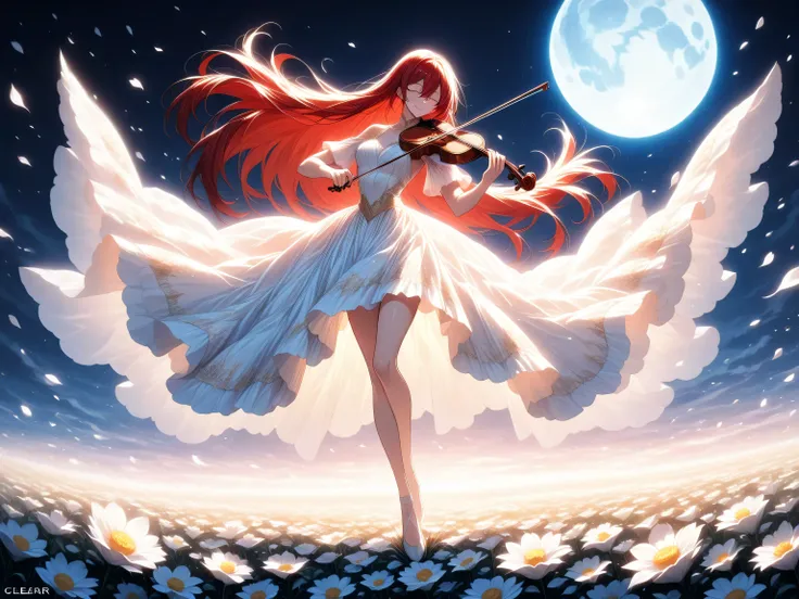 1 girl, red hair, long hair, hair between the eyes, very long side stripes, golden eyes, behind her a man, playing violin, closed eyes, smile, dancing like a ballerina while playing violin, inspired by the artist lindsey stirling, intricate outfit , intri...