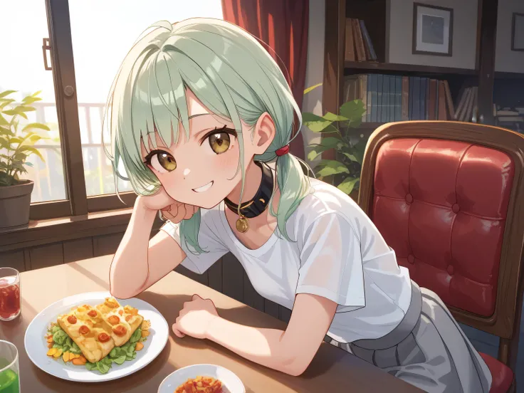 NSFW, masterpiece, 1 girl, small sized breasts, Grey Skirt, White shirt, Short stature, low twin tails, (light green middle hair), Brown eyes, (Black collar), Background is a dark room, She is sitting in a chair, There is food on the table, smile, BREAK ,...