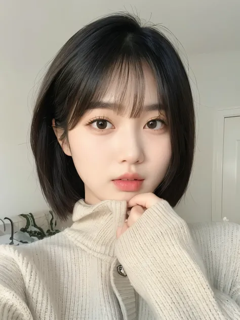 Black short hair and sweater Asian woman, short hair, Urzan, 🤤 girl portrait, short hair with bangs, Young cute korean face, she has black hair,Have bangs, korean girl, kawaii realistic portrait, girl cute and delicate face, Hair with bangs, cute korean fa...