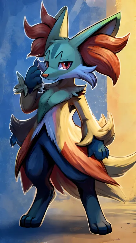 by:luuriolu ,delphox,,whole body, solo, 1male, ,multicolored fur, looking at viewer,,toes,standing,feet,