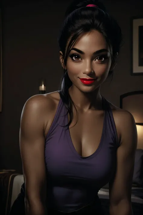 1girl, perfect face, black low ponytail, black round eyebrows, black eyeliners, big brown eyes, nose, thick red lipstick, smile, beautiful girl, v-neck, purple tank top, room living