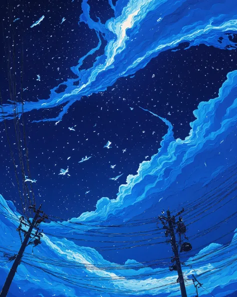 A night sky filled with countless stars and scattered clouds, deep blue hues blending with hints of cosmic glow. Silhouettes of tall electrical poles and power lines stretch across the frame, adding depth and contrast. A few birds fly in the distance, thei...