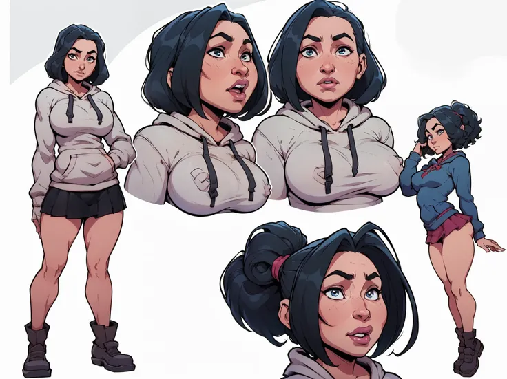mari, wide hips, black hair, 1girl, cms, (longer wavy haircut, curly hair), k4r3nh41r, exaggerated inflated legs, 4k, highly details, (((tiny breasts))), ((wearing a casual loose hoodie and short skirt)), sensual, 4k, highly detailed face, perfect skin, de...