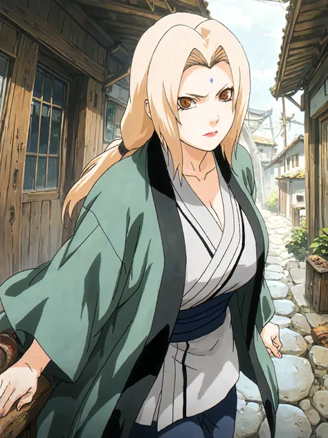 1girl, solo, tsunade, beautiful woman, mature woman, green haori, dark bluish-grey pants, brown eyes, highly detailed eyes, expressive eyes, natural eye shape, iris with visible details, anatomically correct, super detailed, high details, intricate details...