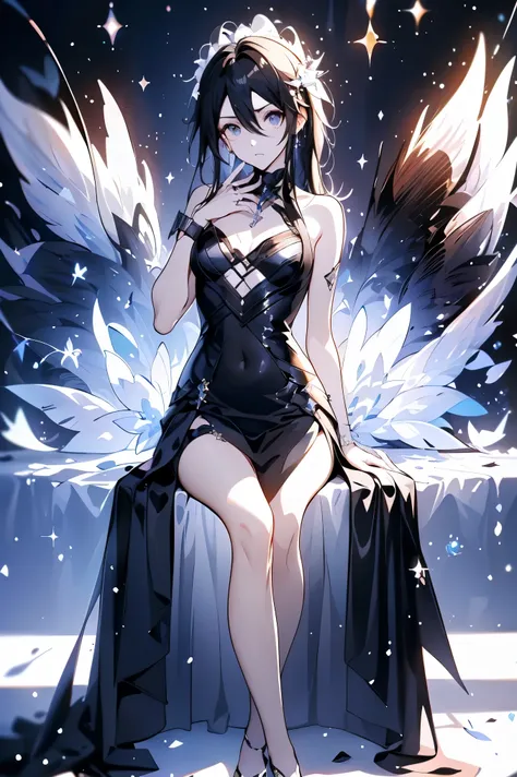  black gradient hair , Asymmetric Hairstyle,（（Thick hair 1.8，Clear head outline 1.6））， hair on shoulders, messy hair, very long hair, shiny hair，(black hair:1.2),a beautiful girl，（luxury platinum mini Lolita，made of transparent material），（Transparent cloth...