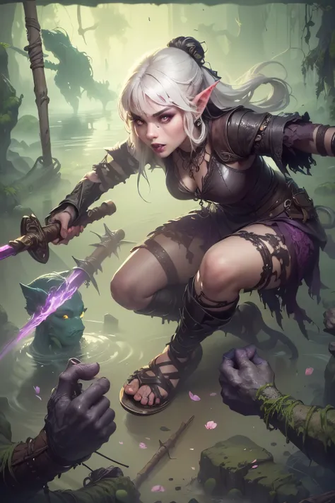 (Ultra-detailed face, Looking away, Gothic Illustration, Dark tone colors.  She has five fingers on her hands and five toes on her feet.), BREAK 
(Ancient ruins in the misty marshes of medieval northern Europe. Scene of a battle with swamp trolls in a swam...