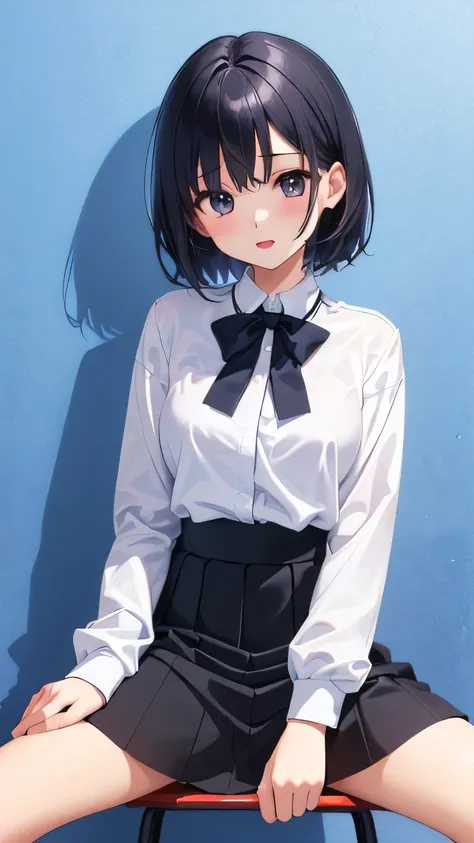 【style】 anime illustration 【appearance】 1 girl、 quick、sitting on chair(spread legs:1.2)、has a young face、Black Hair Girl、short hair、【costume】 uniform、black skirt with both hands、ankle、White Blouse、long sleeve、【image effect】 background white、from front、full...