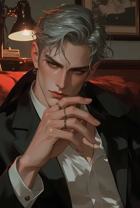 MALE, muscular A distinguished elderly man with silver-gray hair, neatly combed back, revealing hairline. His face is marked with deep wrinkles and fine lines, especially around his narrow, piercing gray eyes. His sharp cheekbones and slightly sunken cheek...