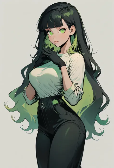 n1n1_v1, 1girl, solo, colored inner hair, long hair, black hair, green eyes, multicolored hair, gloves, green hair, simple background, shirt, looking at viewer, very long hair, two-tone hair, white background, breasts, blunt bangs, black gloves, long sleev...