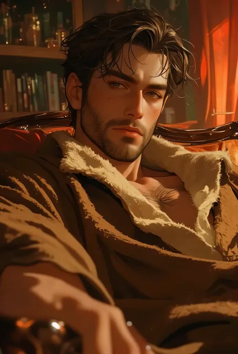 DILF MALE, (OLD MAN), ((tan skin)), (forehead and eye wrinkles), (hazel brown eyes), ((has stuble beard, (wearing fluffy bathrobe), (brown and black and white strands hair), hair wet, inside living room. soft red lighting heus, ((chubby)).
