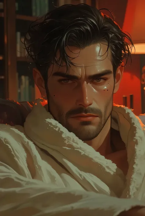 DILF MALE, (OLD MAN), ((tan skin)), (forehead and eye wrinkles), (hazel brown eyes), ((has stuble beard, (wearing fluffy bathrobe), ((black and white strands hair)), hair wet, inside living room. soft red lighting heus, ((chubby)).