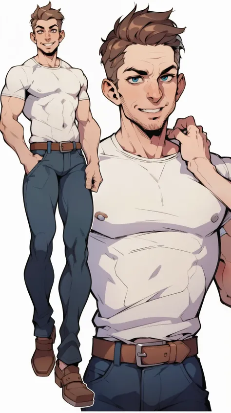 picture of a slim man, 1guy, pat32, pat 33, 4k, short brown hair, highly detailed, white shirt and jeans, standing, young, charming, (plain white background), (upper body portrait), smile, (reference sheet, simple white background, (multiple views))