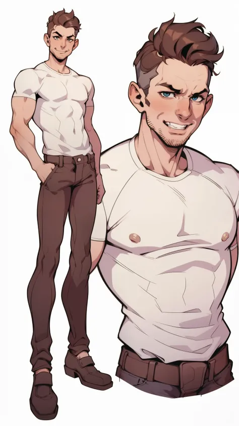 picture of a slim man, 1guy, pat32, pat 33, 4k, short brown hair, highly detailed, white shirt and jeans, standing, young, charming, (plain white background), (upper body portrait), smile, (reference sheet, simple white background, (multiple views))