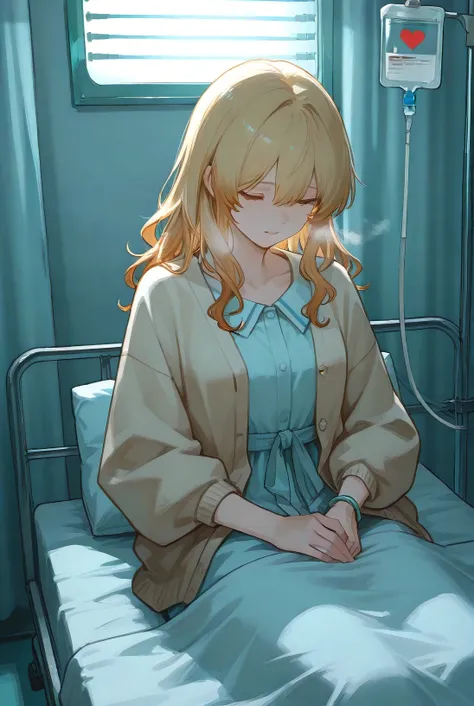 *A quiet hospital room with dim lighting. A man with short blonde hair lies on a hospital bed, covered with a thin white blanket. His body appears weak, and his breathing is shallow. Medical equipment stands nearby, with an IV drip connected to his arm. Th...