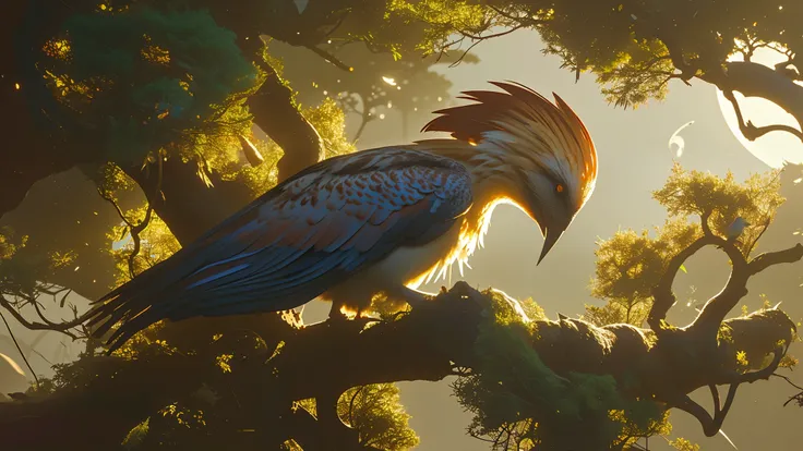 "A highly detailed, realistic Pidgeotto perched on a sturdy tree branch. Its feathers are a mix of warm brown, cream, and reddish hues, with intricate layering that mimics real bird plumage. The head features a striking red crest, slightly ruffled by the w...