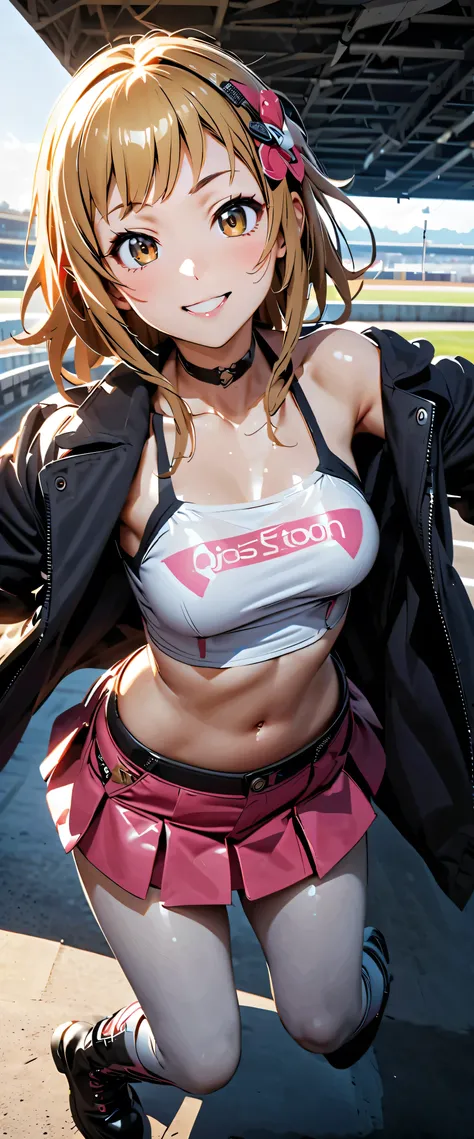  top quality,  ultra high definition,  1 person,   small breasts,   Black Choker, smile,  exposes your shoulders,  just focus ,  Viewer,white skin,Car Race Track, photon mapping to Viewer,  physically-based rendering,  RAW photo ,  very detailed background...