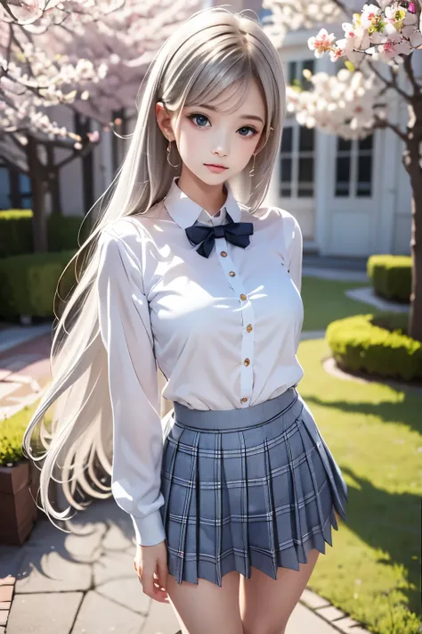 masterpiece,top quality,very detailed,photorealistic,realistic, Ultra High Resolution, Masterpiece,pretty girl,elegant,Age 15,long silver hair,skinny,Completely,slender,is very cute,blazers,school uniform,white shirt,tie,plaid skirt,socks,cherry blossoms i...