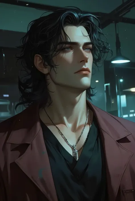 MALE, ((blue eyes)), ((black hair,Dreadlocks – Rope-like sections of hair twisted )), ((wearing maroon surgical coat)), ((black inside shirt)), ((dark undereyes)). Adult male, broad shoulders (close up face), ((high quality)). ((TAN SKIN)), ((sideview, loo...
