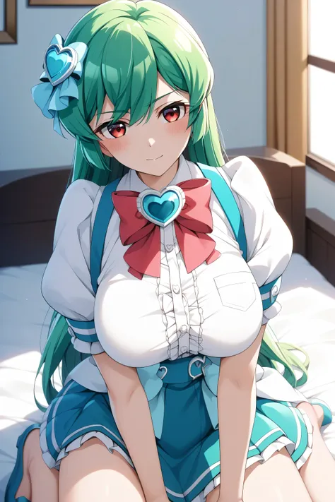 master piece、Best Quality,Super detailed,High resolution,Extremely detailed CG,Unity 8K Wallpaper,weat,score_9, score_8_up, score_7_up, score_6_up, score_5_up, score_4_up, source_anime, MinakamiSayo, 1girl, solo, breasts, Green Hair、Red eyes,shirt, large b...