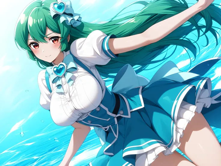 master piece、Best Quality,Super detailed,High resolution,Extremely detailed CG,Unity 8K Wallpaper,weat,score_9, score_8_up, score_7_up, score_6_up, score_5_up, score_4_up, source_anime, MinakamiSayo, 1girl, solo, breasts, Green Hair、Red eyes,shirt, large b...