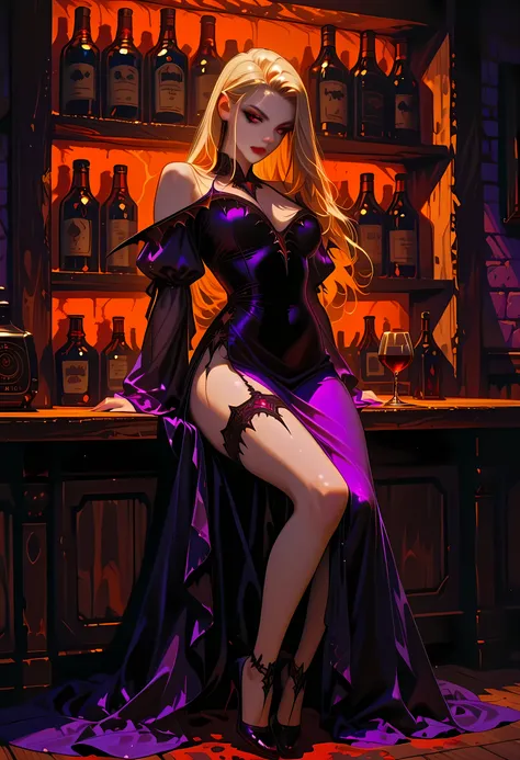 a picture of a vampire waiting in a bar drinking wine, a female vampire, ultra feminine  with a long curvy hair, blond hair , red eyes, beautiful delicate face, pale skin, Ultra Detailed Face, vampiric fangs, wearing dress, purple dress, intricate dress, t...