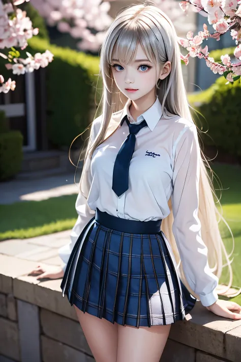 masterpiece,top quality,very detailed,photorealistic,realistic, Ultra High Resolution, Masterpiece,pretty girl,elegant,Age 15,long silver hair,skinny,Completely,slender,is very cute,blazers,school uniform,white shirt,tie,plaid skirt,socks,cherry blossoms i...