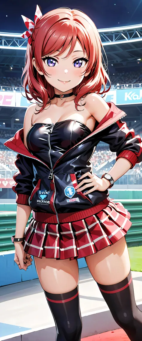 top quality, ultra high definition, One person, smaller breasts, black choker, smile, exposes shoulders, focus only , watch viewers,Fair skin,Car racing track,photon mapping, physically-based rendering, RAW photos , very detailed background, K-pop Ido...