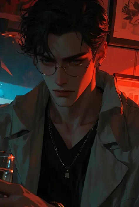 MALE, ((blue eyes)), ((black hair, Crew Cut – Short all around with a slightly longer top for a neat, low-maintenance style)), ((wearing black surgical coat and round frame eyeglasses)), ((black inside shirt)), ((dark undereyes)). Adult male, broad shoulde...