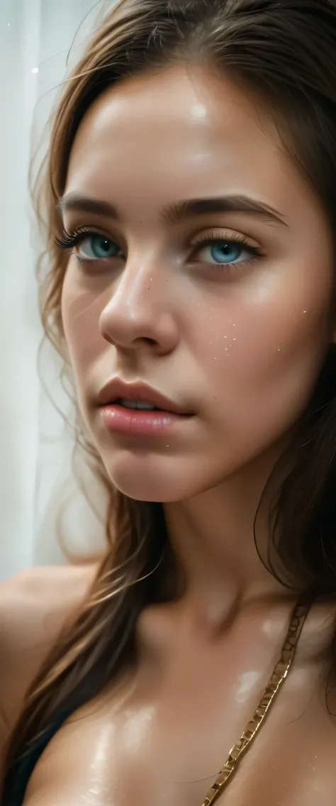 there is a woman with hands tied up, neck zoomed in, closeup of arms, upper body close - up, upper body close up, skinny upper arms, zoomed out shot, close up half body shot, neck zoomed in from lips down, detailed arms, smooth tan skin, armpit,a close up ...
