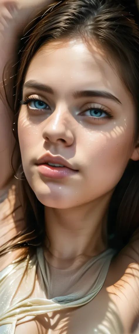 (there is a woman with hands tied up), neck zoomed in, closeup of arms, upper body close - up, upper body close up, skinny upper arms, zoomed out shot, close up (half body shot), neck zoomed in from lips down, detailed arms, smooth tan skin, (armpit),a clo...