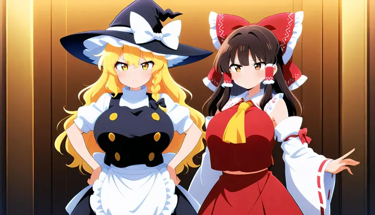kirisame marisa, 2girl, solo, blonde hair, yellow eyes, single braid,
witch hat, hair bow, black bow, white ribbon, black skirt, black shirt, short sleeves, waist apron, white sleeves
, vs , huge breast,mini haneko,escoba,hakurei reimu, 1girl, solo, brown ...