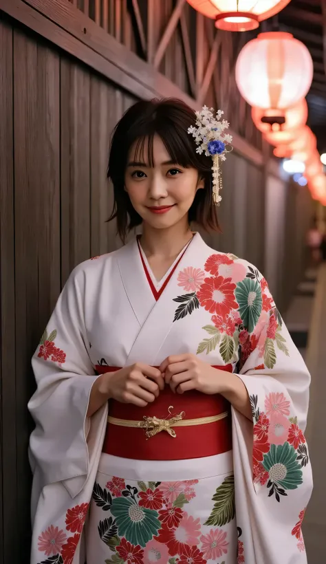 Utamaro's Ukiyo-e 、Beautiful Ukiyo-e composition、HD、4K、8k、16k、Woman 1、super high resolution、detailed description、A kimono with a bright white floral pattern that looks like art、（川沿いのライトupされた鮮やかな桜を見ている）、A work like the culmination of Ukiyo-e、 color differen...