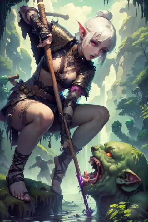 (Ultra-detailed face, Looking away, Gothic Illustration, Dark tone colors. She has five fingers on her hands and five toes on her feet.), BREAK
(Ancient ruins in the misty marshes of medieval northern Europe. Scene of a battle with swamp trolls in a swam...