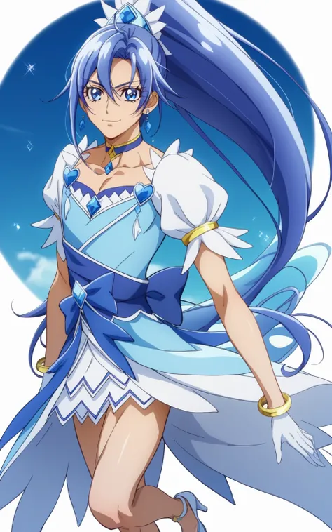 score 9 、score 8 up、score 7 up、source anime、masterpiece、top quality、high resolution、anime coloring、1boy、cure diamond、(male:1.6)、solo、Close up of a cartoon boy in a blue dress、 Boy with long blue hair、 With Shining Blue Eyes 、high long ponytail hair、dia sha...