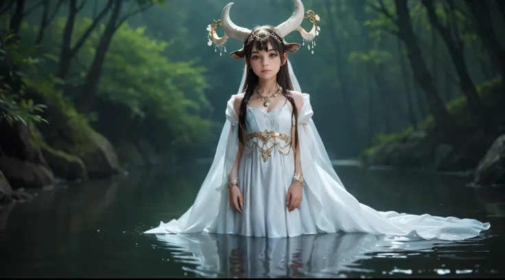 female, (loli:1.4), on water surface, white energy flowing into her, white draped dress, long hair, bull horns, ornamental filigree headpiece, (looking at viewer:1.4), goddess, dark background, mist, died forest,
