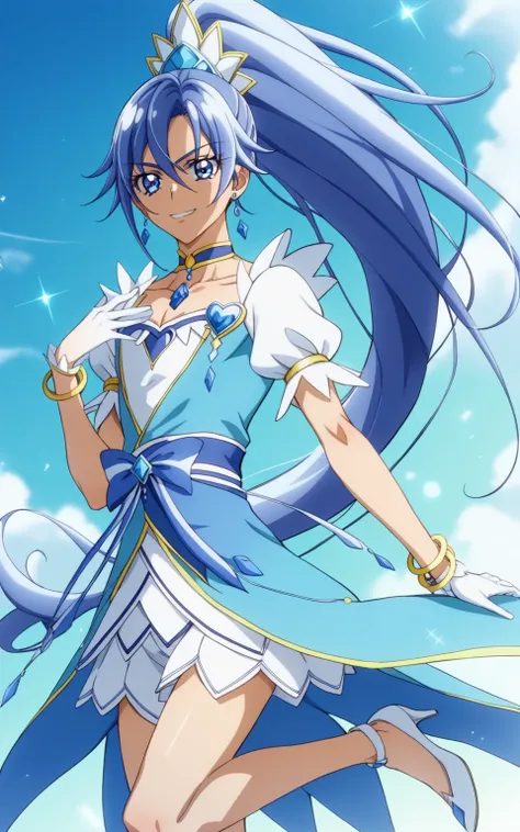 score 9 、score 8 up、score 7 up、source anime、masterpiece、top quality、high resolution、anime coloring、1boy、cure diamond、(male:1.6)、solo、Close up of a cartoon boy in a blue dress、 Boy with long blue hair、 With Shining Blue Eyes 、high long ponytail hair、dia sha...