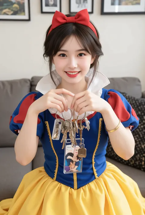 An  Thai girl wearing a beautiful and cute Snow White princess dress. She has a bright and cheerful expression, holding multiple acrylic keys with inserted photos in her hands, sitting on a sofa. The background features a home wall with framed pictures. Na...