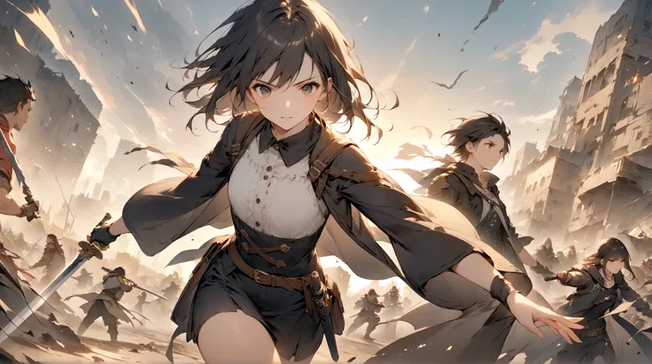 fantasy around the eyes。Hero with Sword。enemy。Cooperate with peers。city。fight。Focus on the face。wasteland。gun。 dark-haired woman