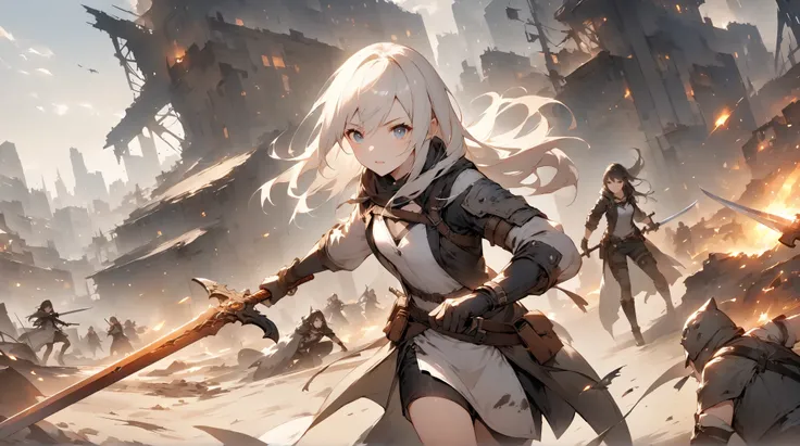 fantasy around the eyes。Hero with Sword。enemy。Cooperate with peers。city。fight。Focus on the face。wasteland。gun。female