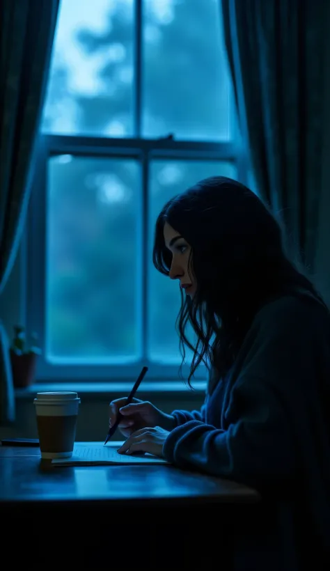 A full body dramatic artistic shot from the side of a beautiful young woman with dark wavy hairstyle writing, ((very pale skin)), with blanket draped over her shoulders, paper cup of steaming coffee on her desk, open window with flowing curtains, dark nigh...