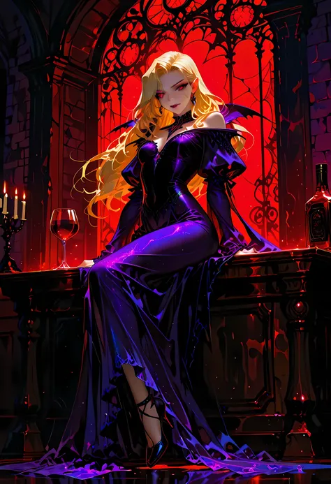 a picture of a vampire waiting in a bar drinking wine, a female vampire, ultra feminine  with a long curvy hair, blond hair , red eyes, beautiful delicate face, pale skin, Ultra Detailed Face, vampiric fangs, wearing dress, purple dress, intricate dress, t...
