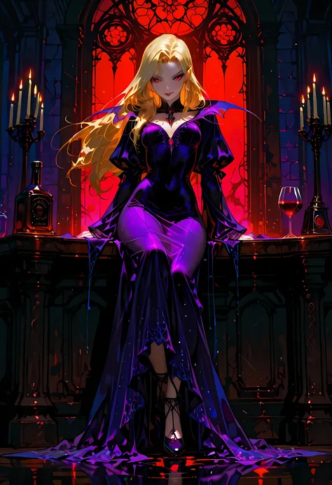 a picture of a vampire waiting in a bar drinking wine, a female vampire, ultra feminine  with a long curvy hair, blond hair , red eyes, beautiful delicate face, pale skin, Ultra Detailed Face, vampiric fangs, wearing dress, purple dress, intricate dress, t...