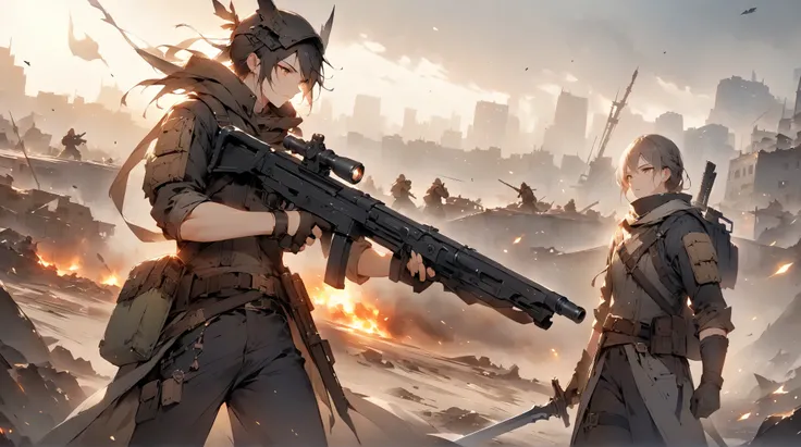 fantasy around the eyes。Hero with Sword。enemy。Cooperate with peers。city。fight。Focus on the face。wasteland。war。gun