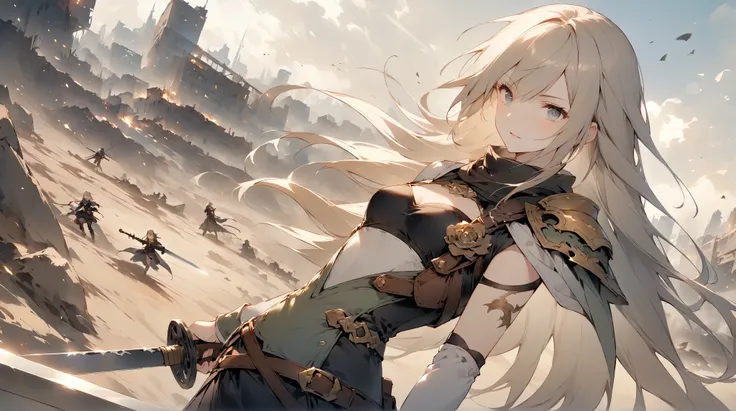 fantasy around the eyes。Hero with Sword。enemy。Cooperate with peers。city。fight。Focus on the face。wasteland。gun。female