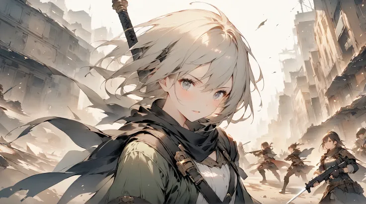 fantasy around the eyes。Hero with Sword。enemy。Cooperate with peers。city。fight。Focus on the face。wasteland。gun。female