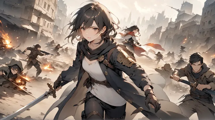 fantasy around the eyes。Hero with Sword。enemy。Cooperate with peers。city。fight。Focus on the face。wasteland。gun。 dark-haired woman