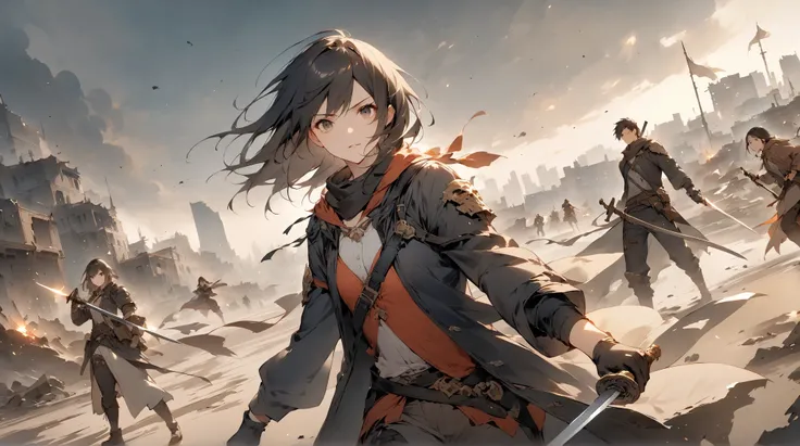 fantasy around the eyes。Hero with Sword。enemy。Cooperate with peers。city。fight。Focus on the face。wasteland。gun。 dark-haired woman